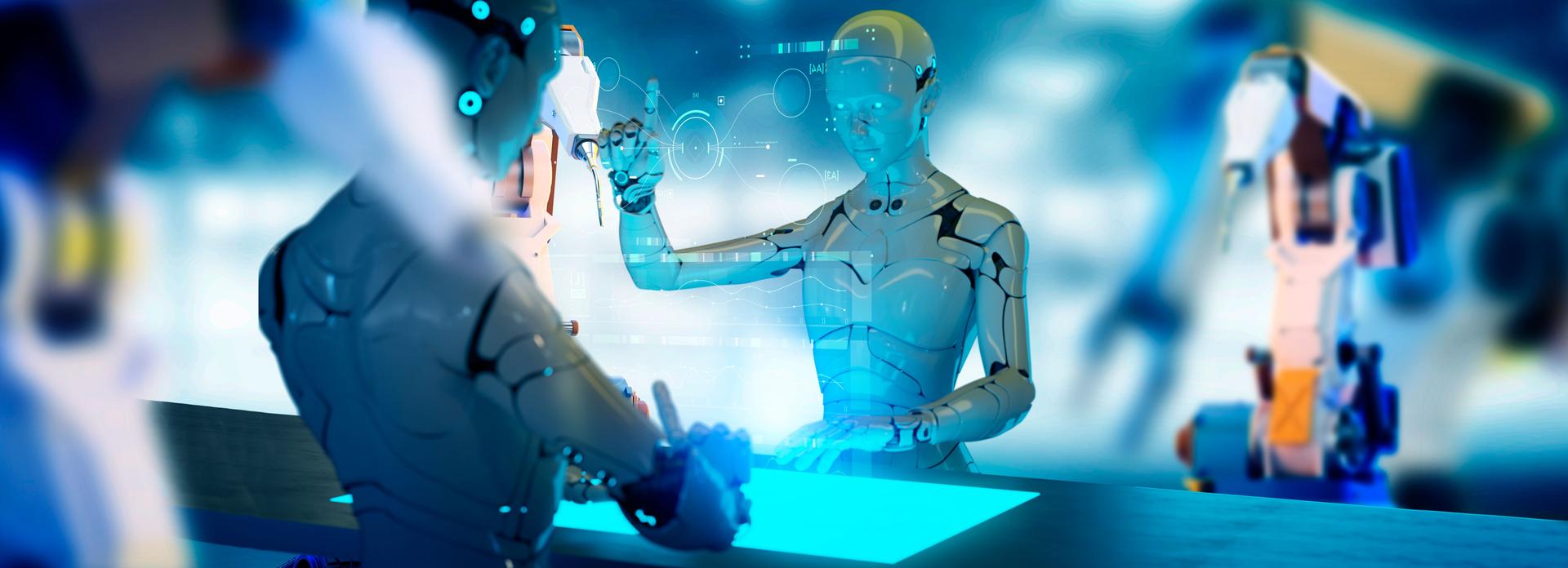 Robot and robot arm working automated in factory, industry 5.0 artificial intelligence manufacturing process control with computer digital technology